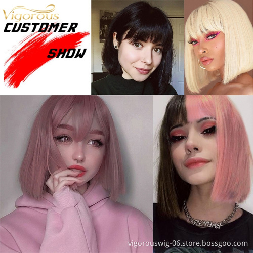 Vigorous Short Straight Bob Bang Wigs for Women Synthetic Pink/Black 12 Inch Cosplay Middle Division Hair Natural Looking